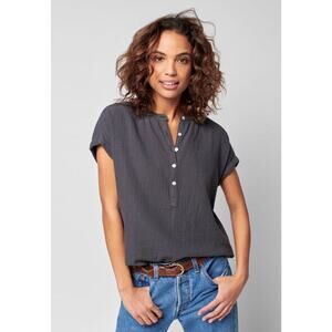 Faherty Womens L Gray Dream Organic Cotton Gauze Desmond Short Sleeve Casual Top